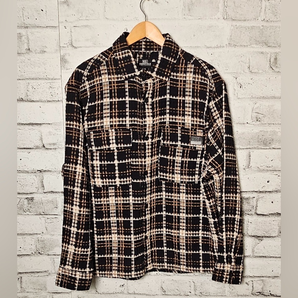 DRJ Essentials Plaid Button Up Shirt Jacket Black Tan Size M